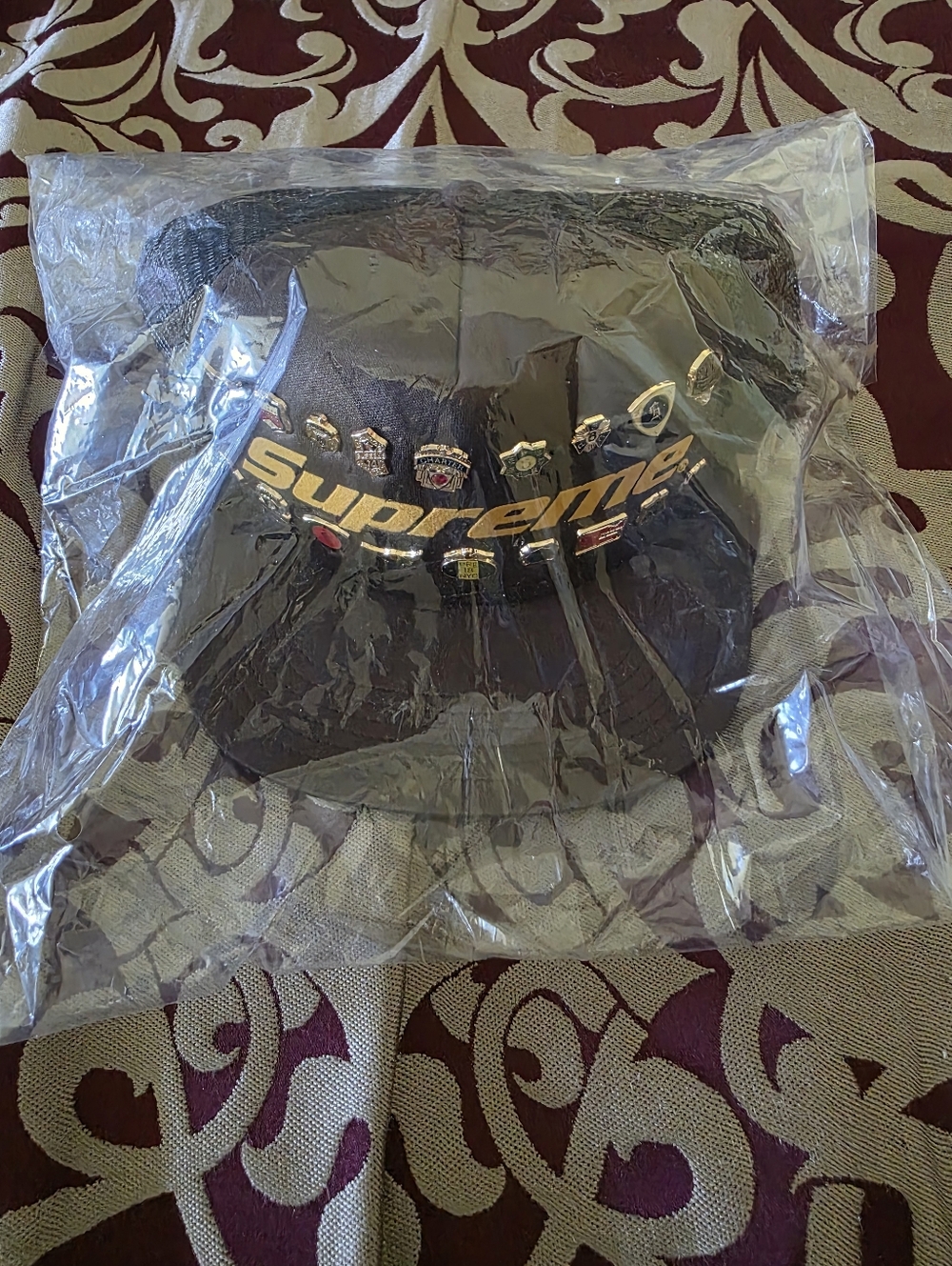 Supreme Brown Trucker Hat with Gold Logo and Pin Badges - Picture 5 of 5
